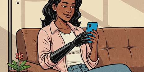 Woman of color using her phone with a prosthetic arm