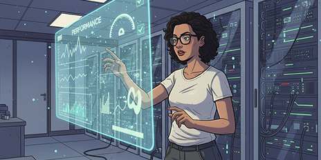 Woman looking at multiple HUD dashboards with KPIs